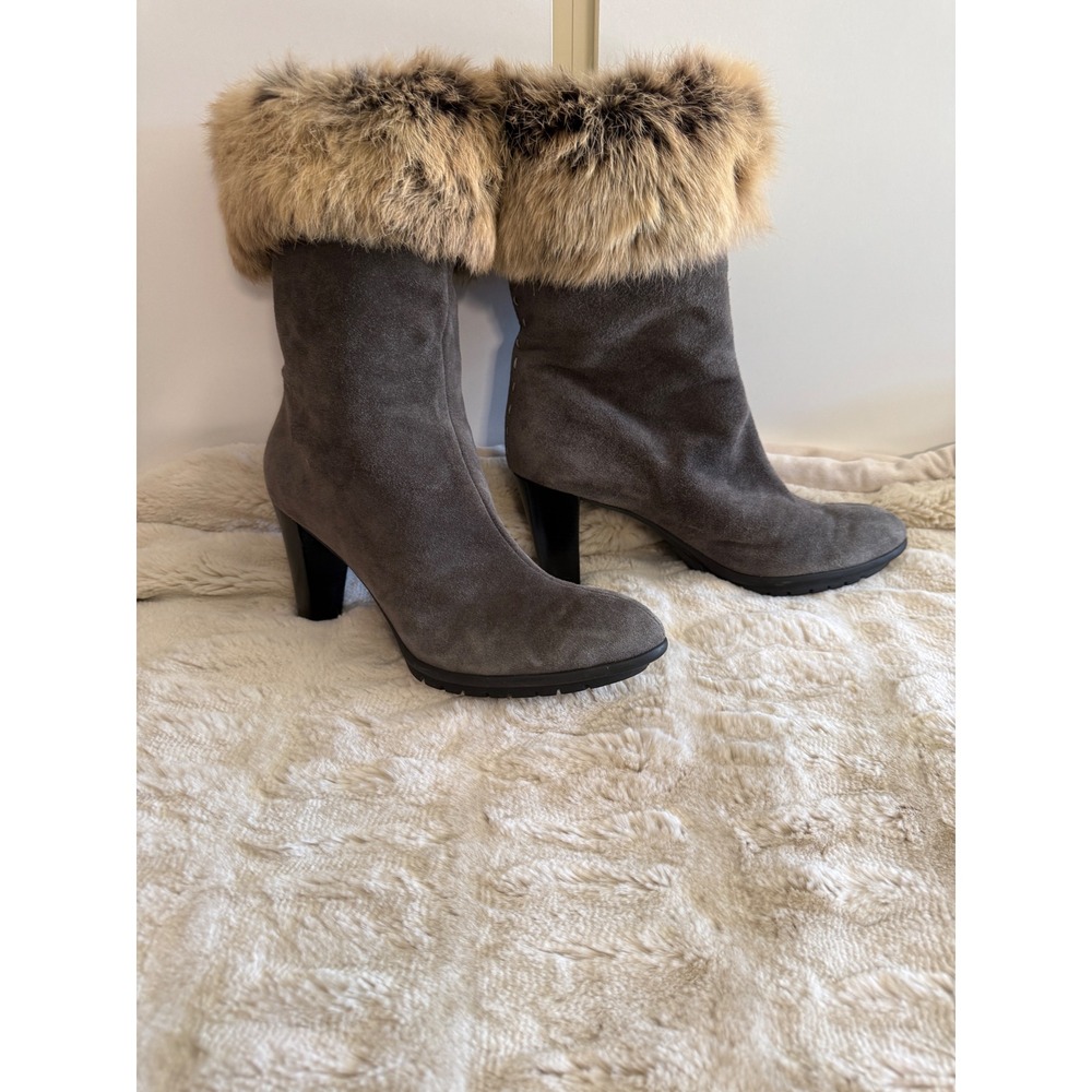 Aquatalia Suede Faux Fur Trim Mid Calf Heel Boots Women's 10 - Picture 2 of 9